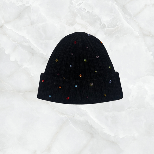 Cashmere Ribbed Beanie w. Multicolor Crystals