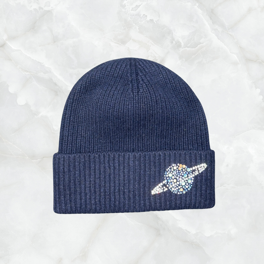 Cashmere Ribbed Cuffed Beanie w. Planet
