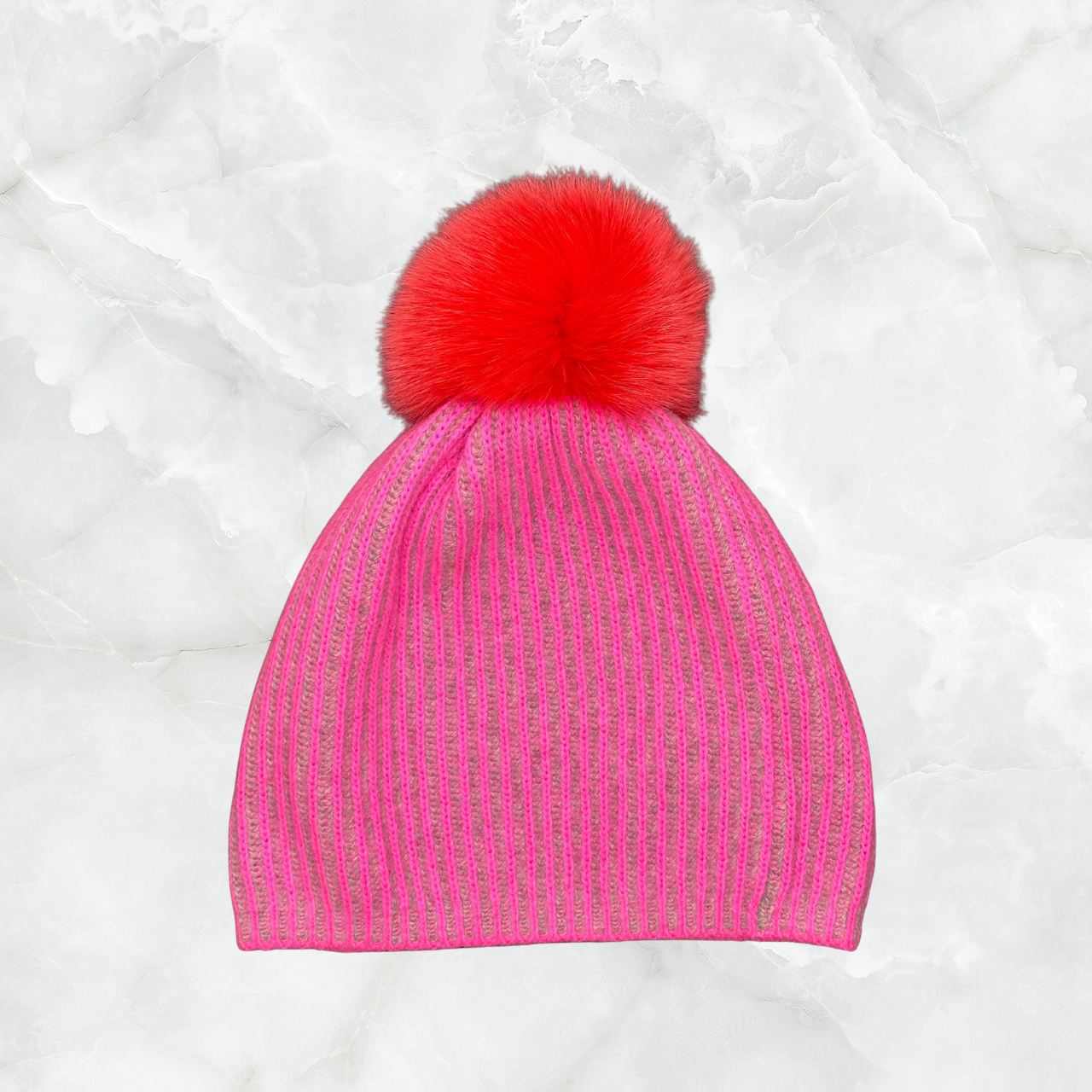 Two Tone Ribbed Beanie w. Pom Pom - Hot Pink
