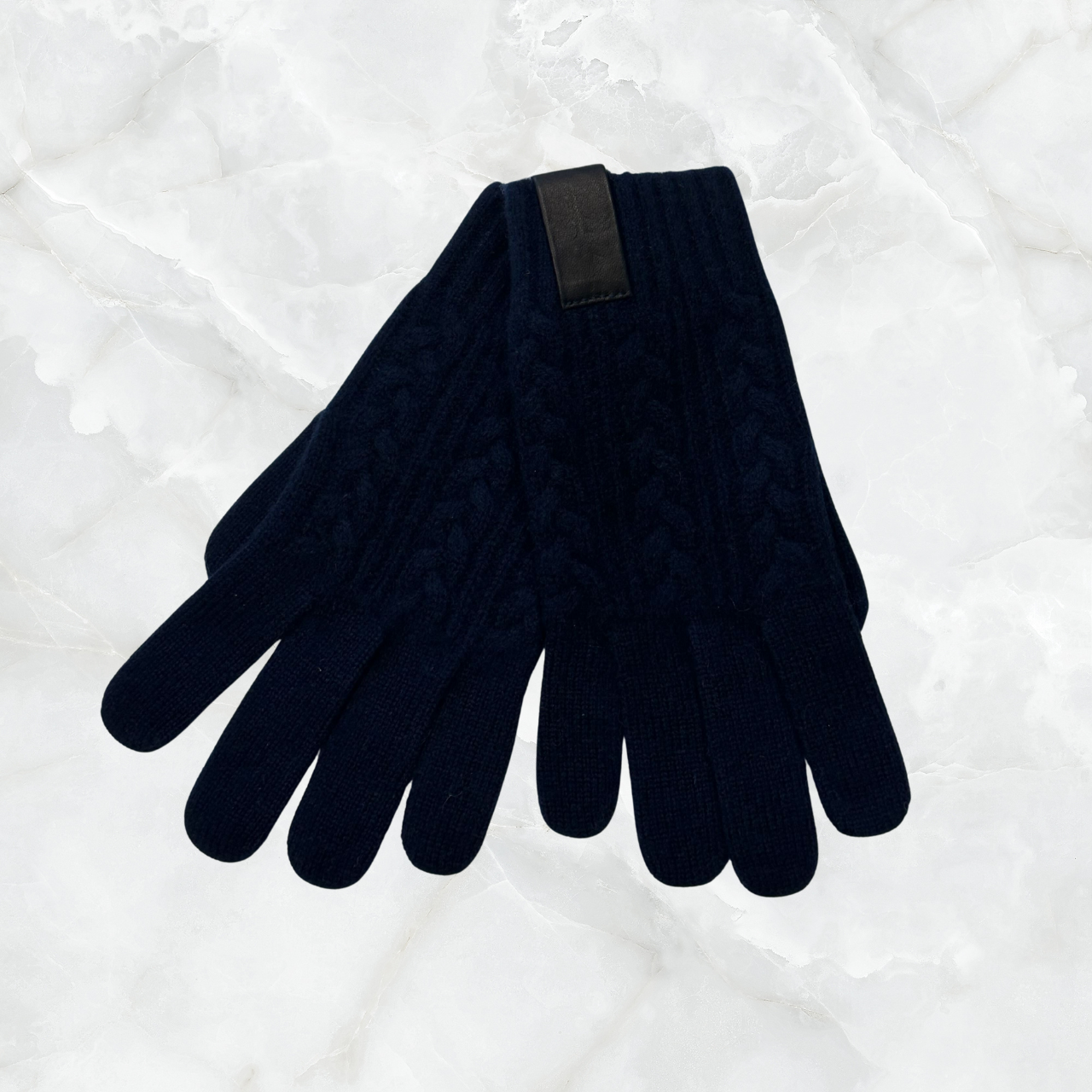 Men's Full Finger Cable Knit Gloves with Leather Tab