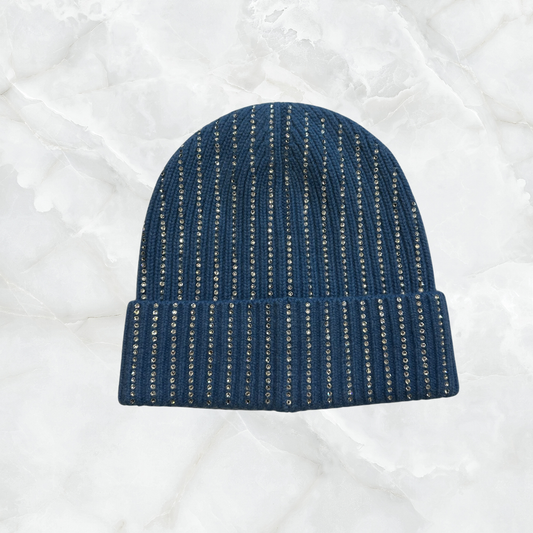 Ribbed Cuffed Cashmere Hat with Crystal Stripes