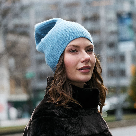 Cashmere Ribbed Slouchy Beanie - Iris Blue