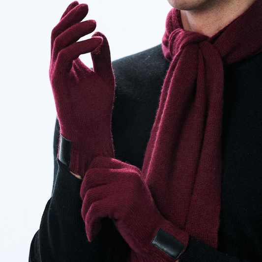 Cashmere Unisex Gloves w. Leather Tab - Burgundy