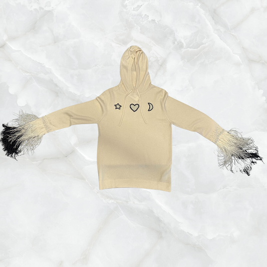 Cashmere Hoodie with Hand Embroidered Feather Cuffs & Heart, Moon, & Star on Chest