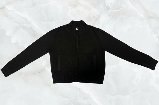 Jersey Knit Bomber Jacket with Covered Buttons and BAD in Rectangle on Back