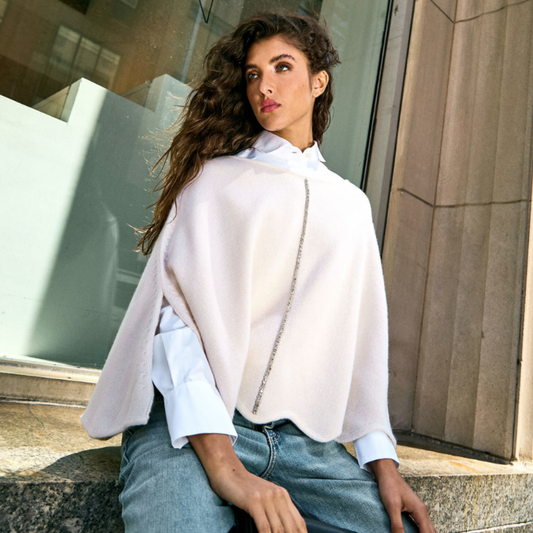 Cashmere Wool Blend Poncho with Rhinestone Stripe - IVORY