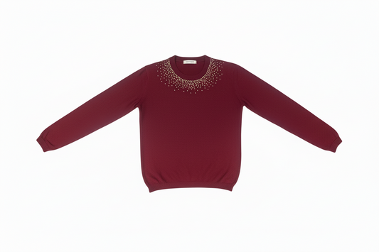 Merino Fine Wool Crewneck Sweater Scattered Crystal Neckline