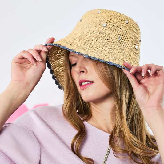 Summer Straw Hat w. Scattered Crystals - Natural with Blue Trim