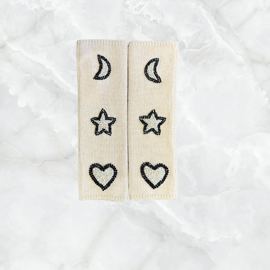 Cashmere Long Fingerless Gloves w. Hand Embroidered Heart, Moon, & Star