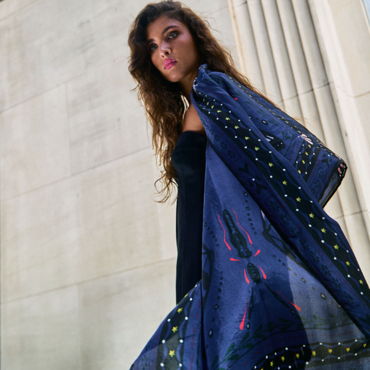 Silk Butterfly Print Shawl - Blue Print