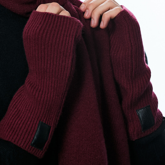 Cashmere Ribbed Unisex Gloves with Leather Tab - Burgundy