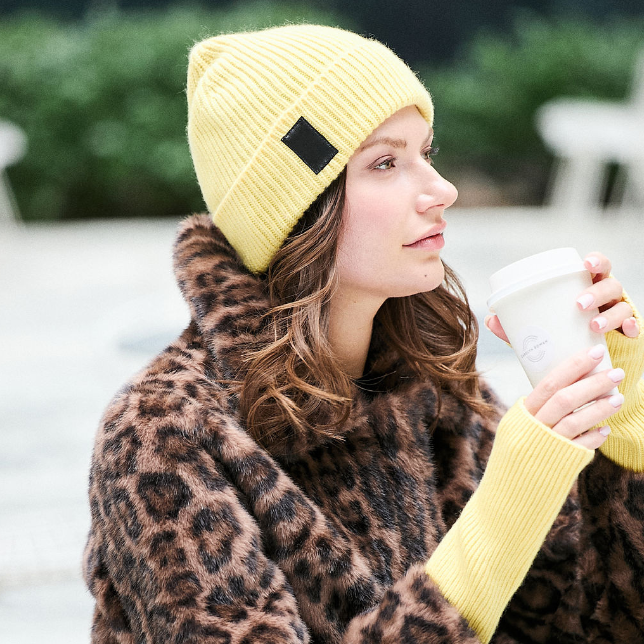 Cashmere Ribbed Beanie w. Leather Tab - Yellow