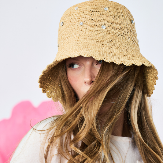 Summer Straw Hat w. Scattered Crystals - Natural