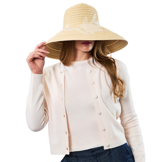 Woven Round Crown Sun Hat w. Flower Applique