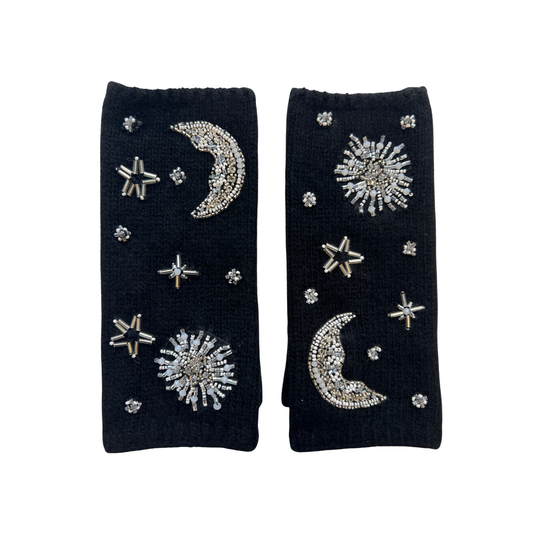 Cashmere Short Fingerless Gloves w. Embroidered Stars and Moons - Black