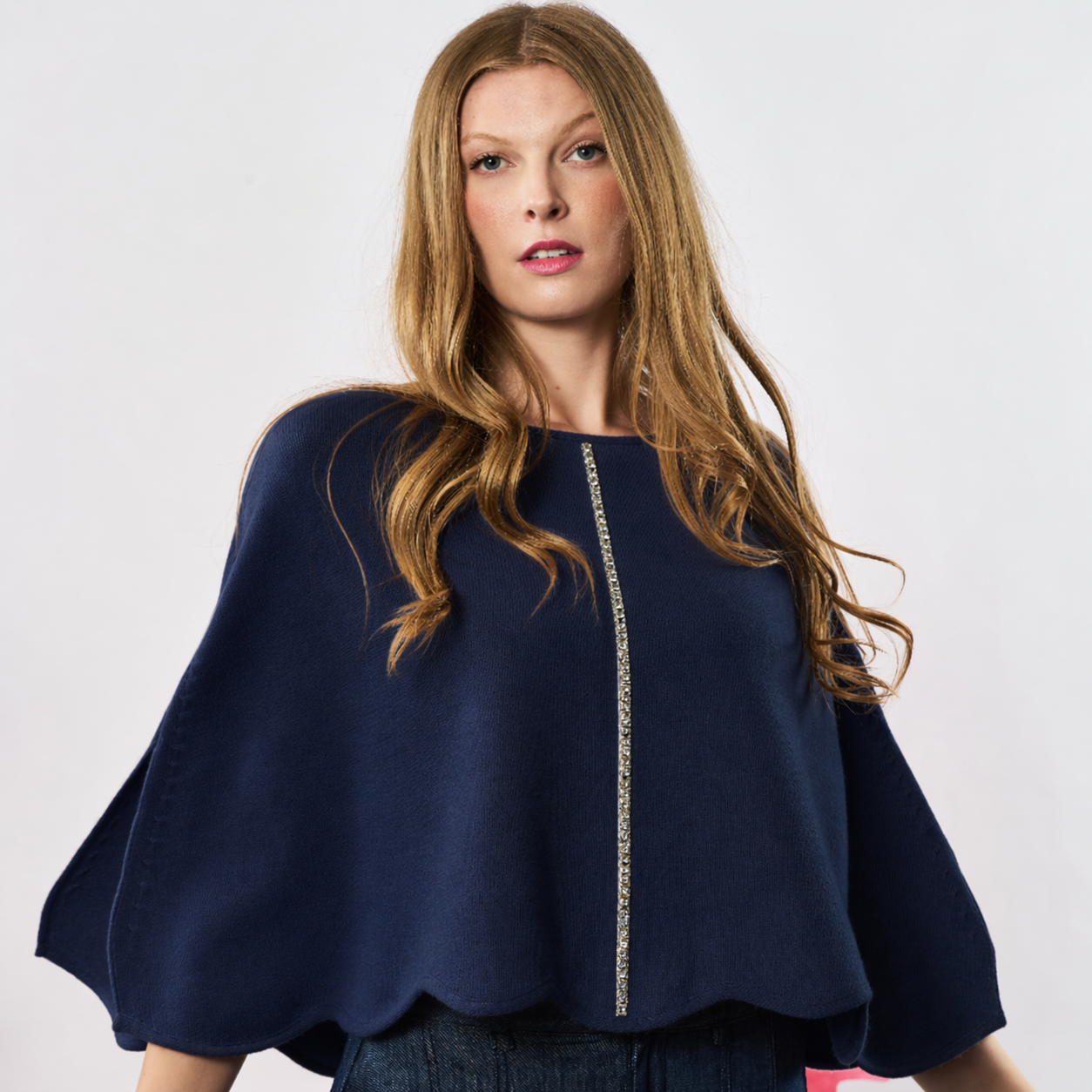 Cashmere Wool Blend Poncho with Rhinestone Stripe - Navy