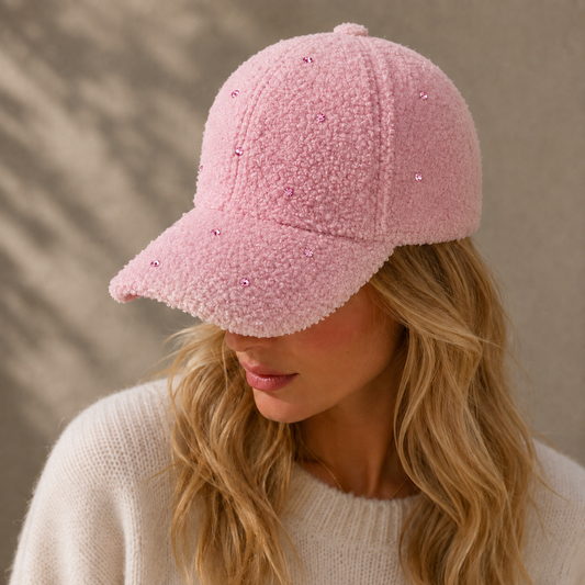 Cotton Fluffy Cap w. Scattered Crystals- Pink