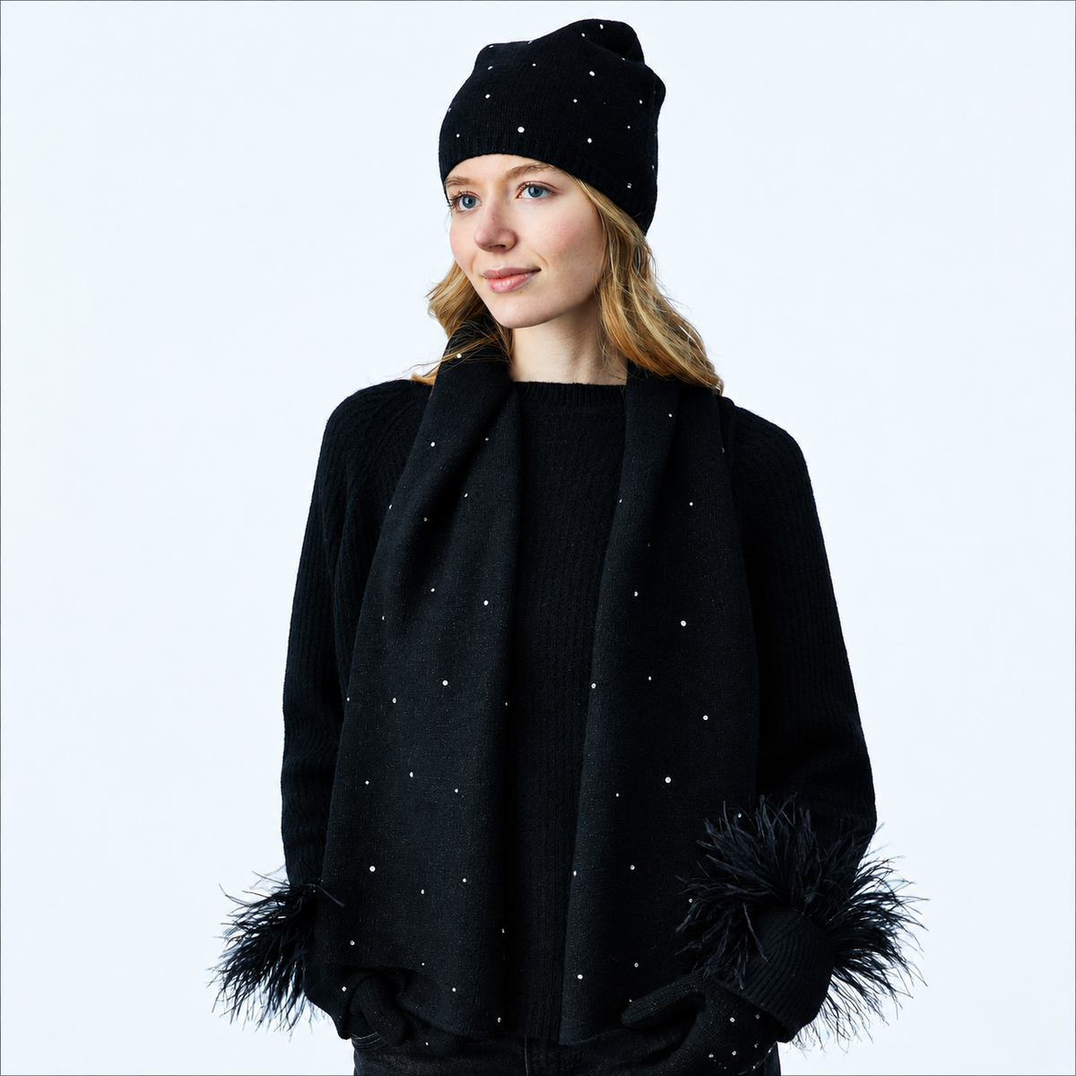Long Cashmere and Lurex Scarf w. Scattered Crystals- Black