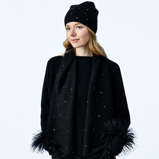 Long Cashmere and Lurex Scarf w. Scattered Crystals- Black