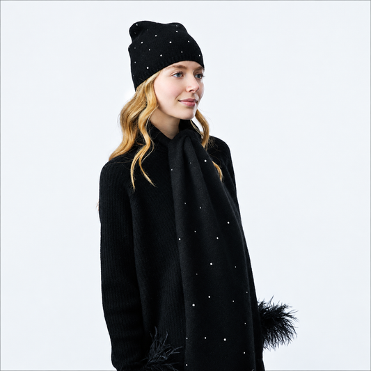 Long Cashmere and Lurex Scarf w. Scattered Crystals- Black