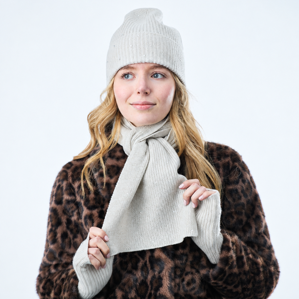 Medium Length Cashmere and Lurex Ribbed Scarf w. Scattered Crystals- Whisper White