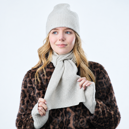 Medium Length Cashmere and Lurex Ribbed Scarf w. Scattered Crystals- Whisper White