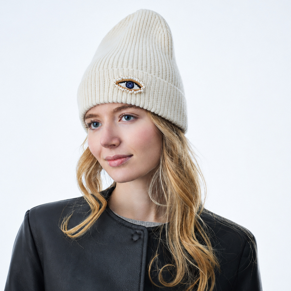 Cashmere Ribbed Cuffed Beanie w. Hand Embroidered Evil Eye