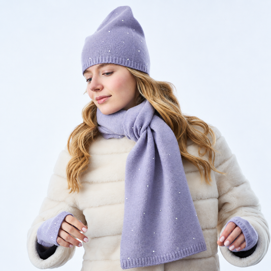 Long Cashmere and Lurex Scarf w. Scattered Crystals- Light Purple