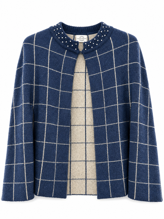Cashmere O[pen Front Cape with pattern and scattered crystals on neck- Blue