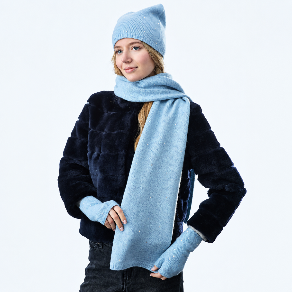 Long Cashmere and Lurex Scarf w. Scattered Crystals- Dew Blue