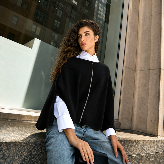 Cashmere Wool Blend Poncho with Rhinestone Stripe - Black