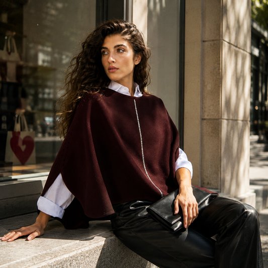 Cashmere Wool Blend Poncho with Rhinestone Stripe - Brown