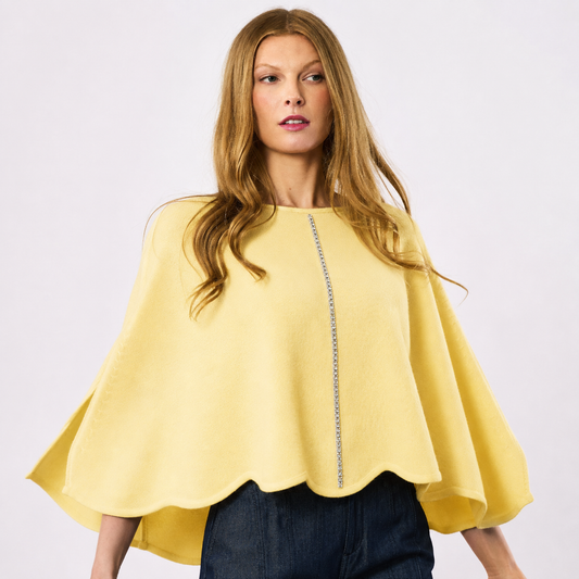 Cashmere Wool Blend Poncho with Rhinestone Stripe - Yellow