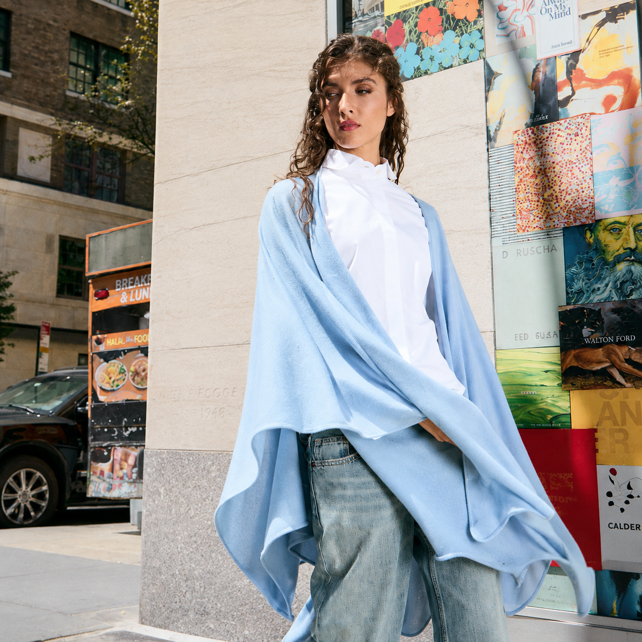 Cashmere Wool Knit Ruana with Scattered Crystals - Baby Blue