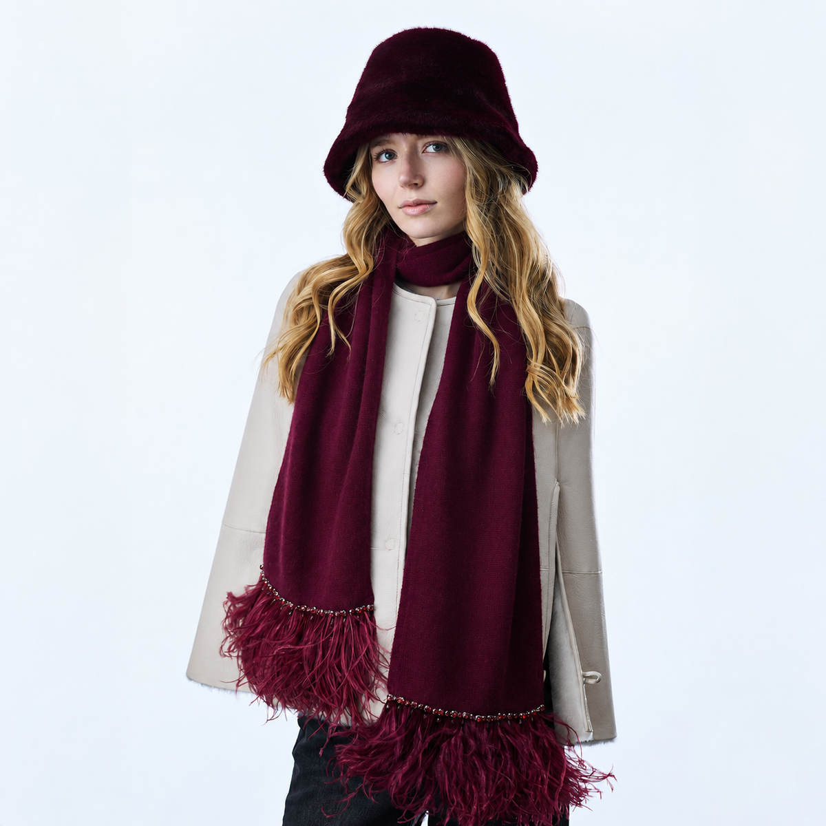 Cashmere Long Scarf w. Ostrich Trim and Pearl Drops- Burgundy