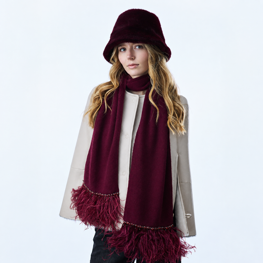 Cashmere Long Scarf w. Ostrich Trim and Pearl Drops- Burgundy