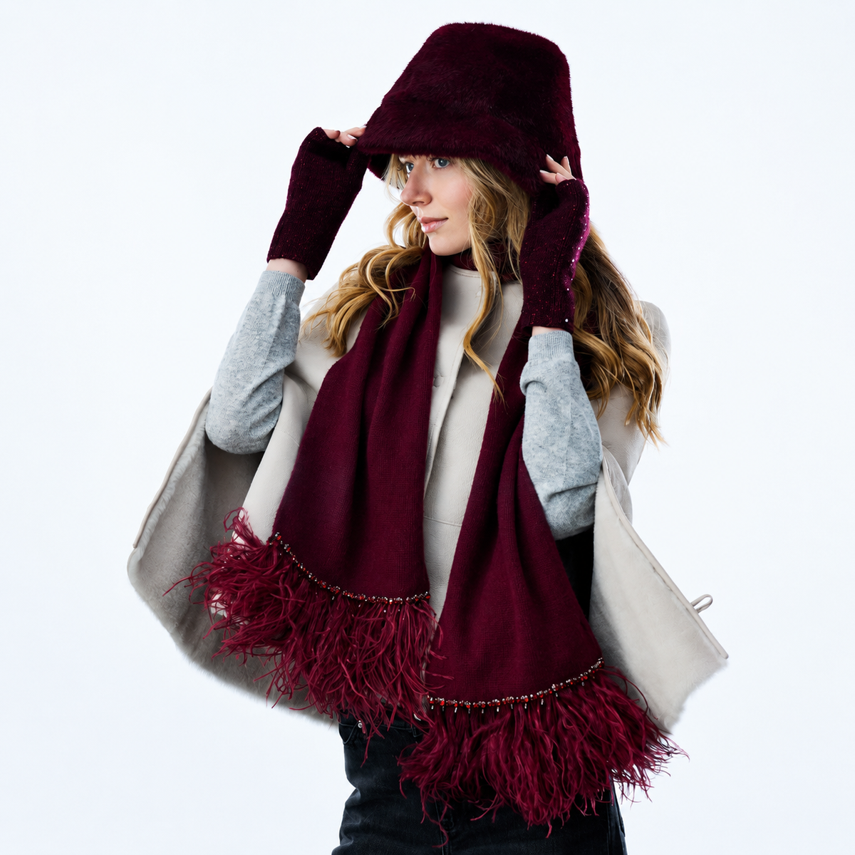 Cashmere Long Scarf w. Ostrich Trim and Pearl Drops- Burgundy
