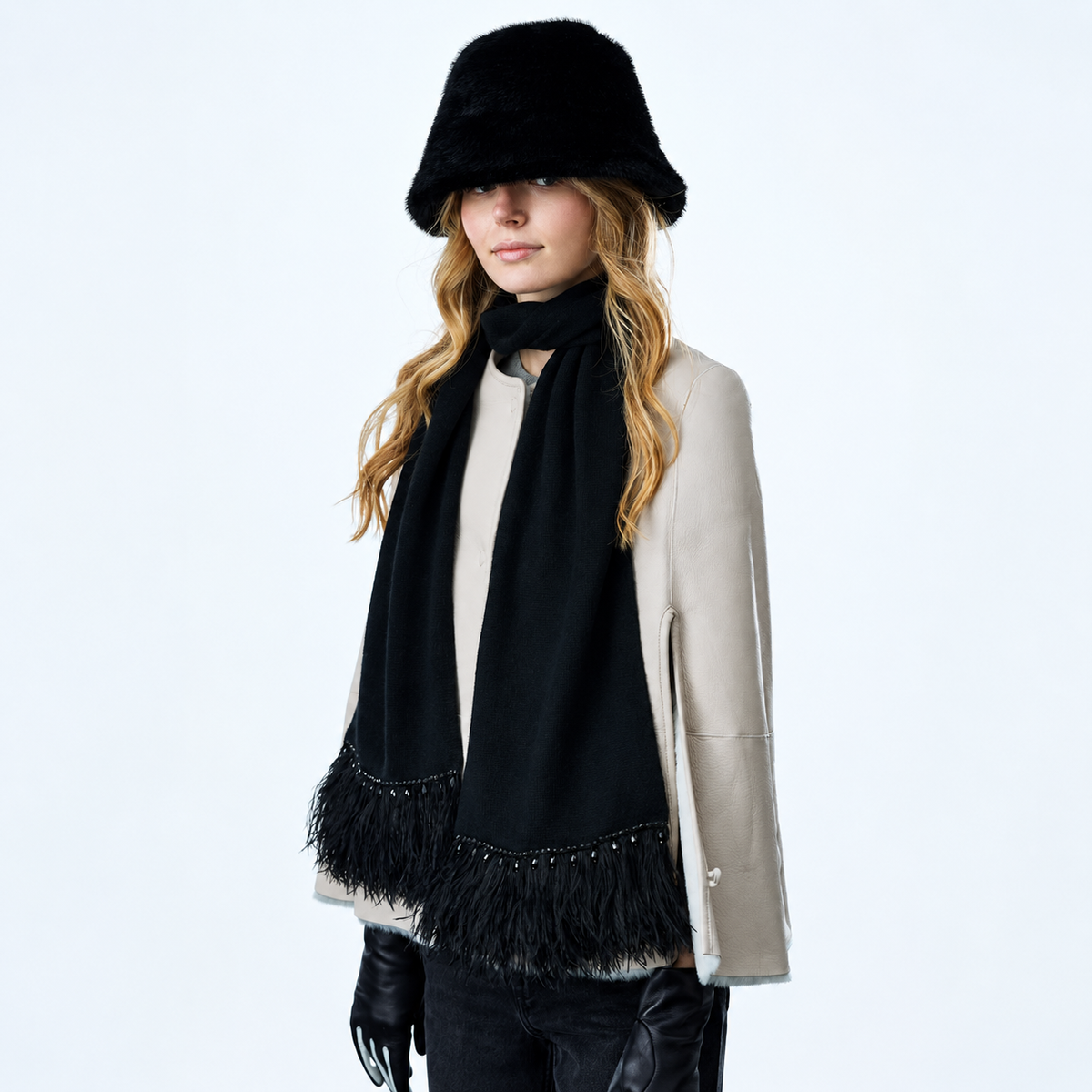 Cashmere Long Scarf w. Ostrich Trim and Pearl Edge- Black