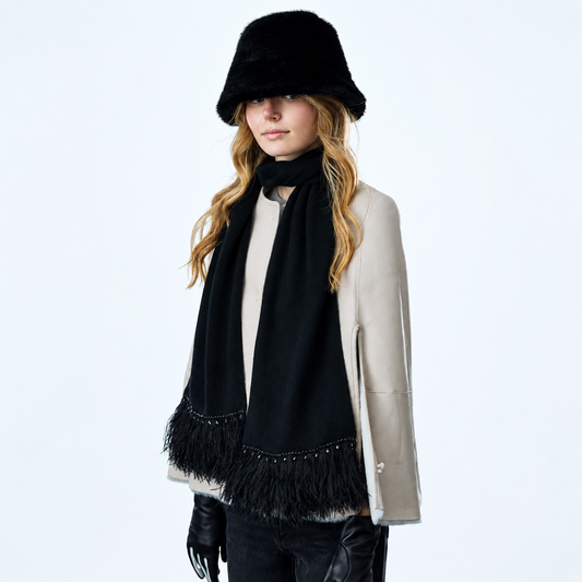 Cashmere Long Scarf w. Ostrich Trim and Pearl Edge- Black