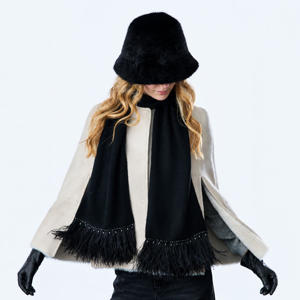 Cashmere Long Scarf w. Ostrich Trim and Pearl Edge- Black