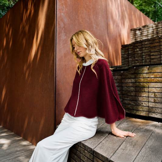 Cashmere Wool Blend Poncho with Rhinestone Stripe - Burgundy