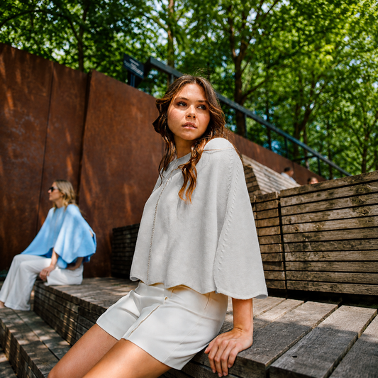Cashmere Wool Blend Poncho with Rhinestone Stripe - Sky Grey