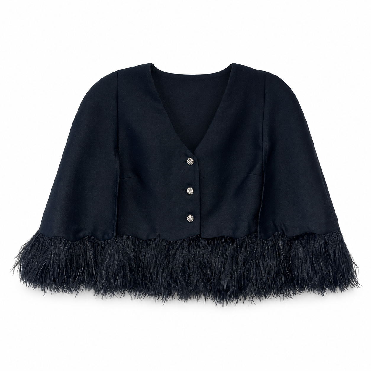 Silk Cotton V-neck Shirt Cape w. Ostrich Feathers