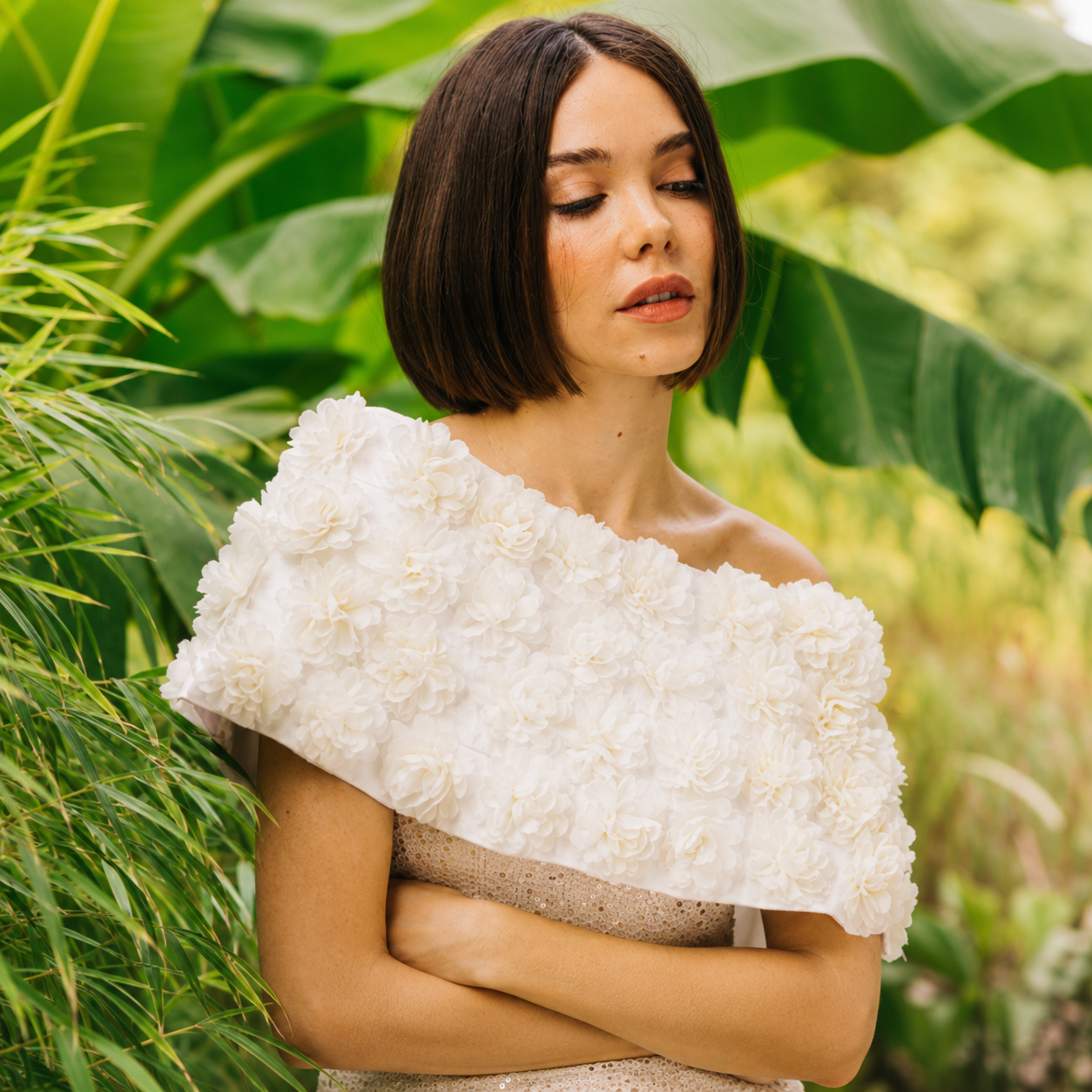 Silk Shoulder Shrug w. Silk 3D Flowers