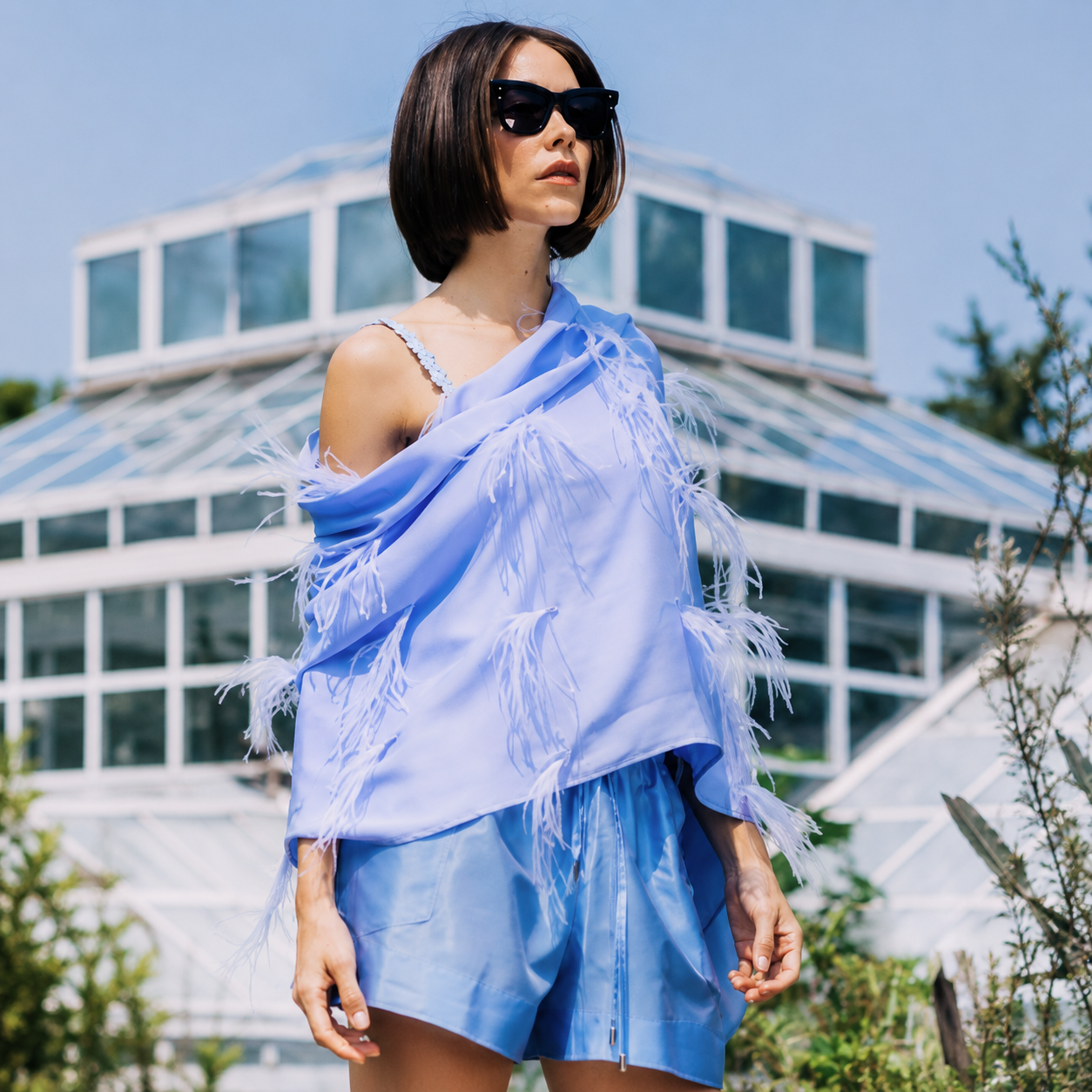 Silk Shawl w. Scattered Ostrich Feathers