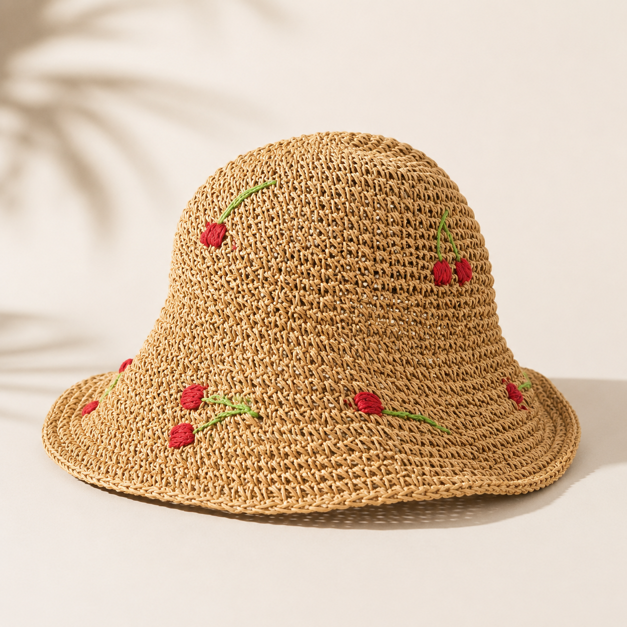 Woven Bucket Hat w. Cherries - Dark Natural