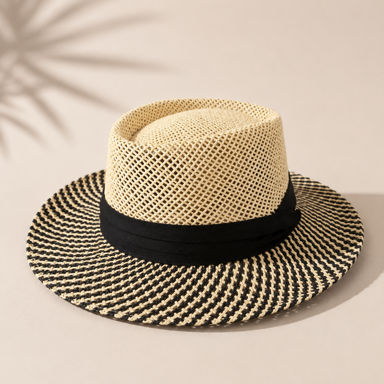 Two-Tone Raffia Sun Hat with Black Ribbon