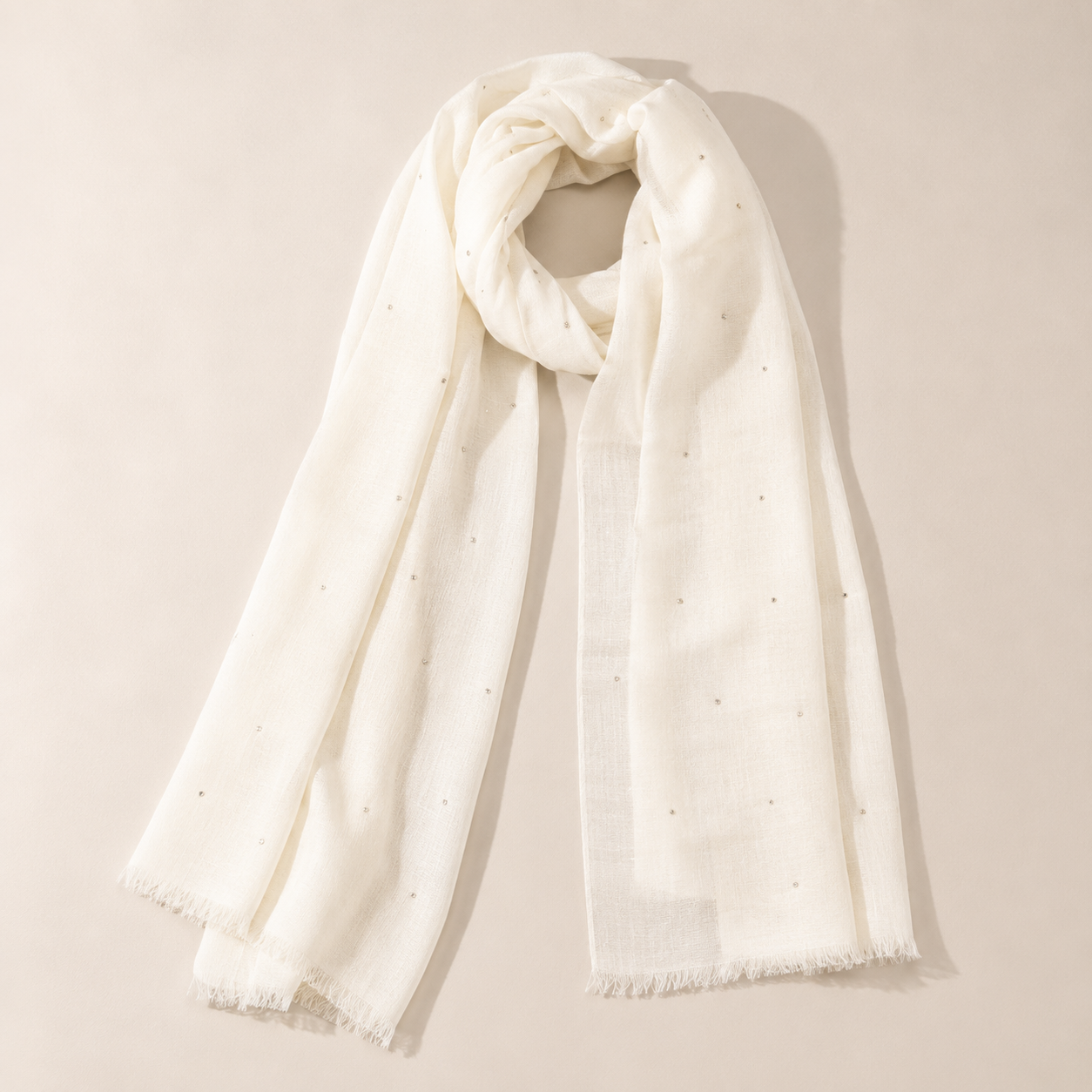 Silk Georgette Shawl w. Scattered Crystals & Pearls -White