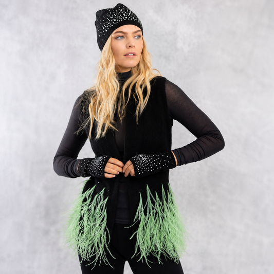 Cashmere Vest with Ostrich Feather Trim -Black