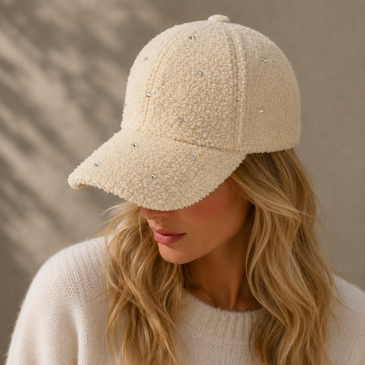 Cotton Fluffy Cap w. Scattered Crystals- White